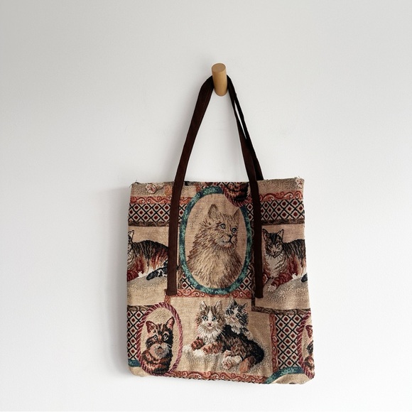 unbranded Handbags - Cat Tapestry Tote Bag Brown Shoulder Purse
